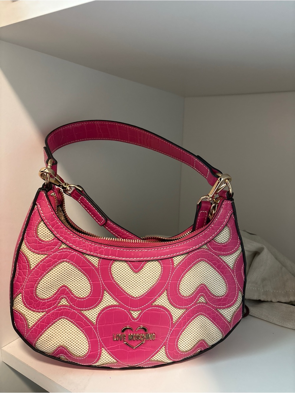 Love Moschino Hot Pink and Cream Heart-Pattern Shoulder Bag